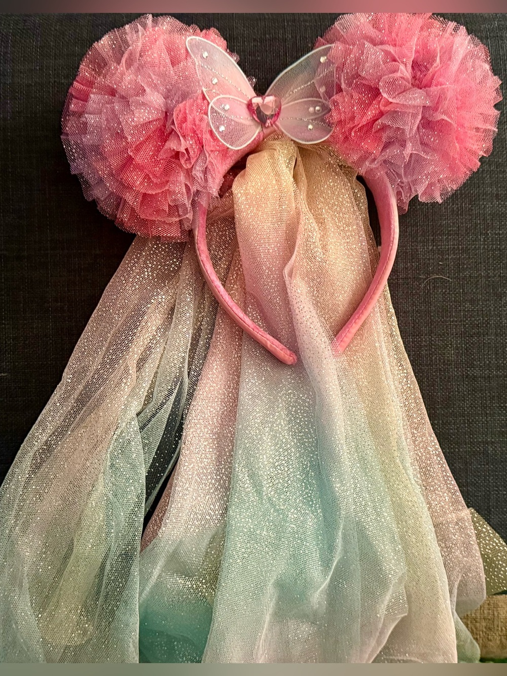 Disney Pink Pom Pom Minnie Ears Butterfky Headband with Iridescent Veil